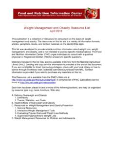 Weight Management and Obesity Resource List