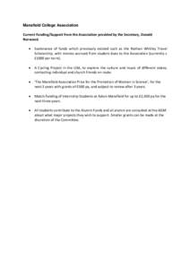 Mansfield College Association Current Funding/Support from the Association provided by the Secretary, Donald Norwood.   Sustenance of funds which previously existed such as the Nathan Whitley Travel