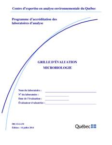 Centre d’expertise en analyse environnementale du Québec Programme d’accréditation des laboratoires d’analyse GRILLE D’ÉVALUATION MICROBIOLOGIE