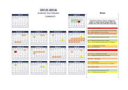 Notes Academic Year Calendar July 15 Su