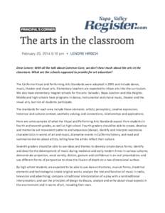 Dear	
  Lenore:	
  With	
  all	
  the	
  talk	
  about	
  Common	
  Core,	
  we	
  don’t	
  hear	
  much	
  about	
  the	
  arts	
  in	
  the	
   classroom.	
  What	
  are	
  the	
  schools	
  su