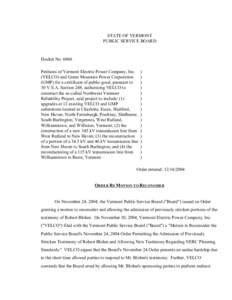 STATE OF VERMONT PUBLIC SERVICE BOARD Docket No[removed]Petitions of Vermont Electric Power Company, Inc. (VELCO) and Green Mountain Power Corporation