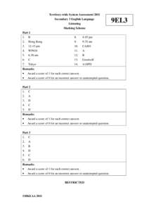 Territory-wide System Assessment 2011 Secondary 3 English Language Listening Marking Scheme Part 1 1.