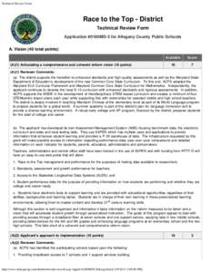 Technical Review Form  Race to the Top - District Technical Review Form Application #0180MD-3 for Allegany County Public Schools A. Vision (40 total points)