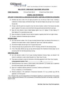 12205 S. Yukon Ave• Glenpool, OK 74033 • P: ([removed] • F: ([removed]REAL ESTATE “OPEN HOUSE” SIGN PERMIT APPLICATION PERMIT REQUESTED:   Annual Permit: $50.00