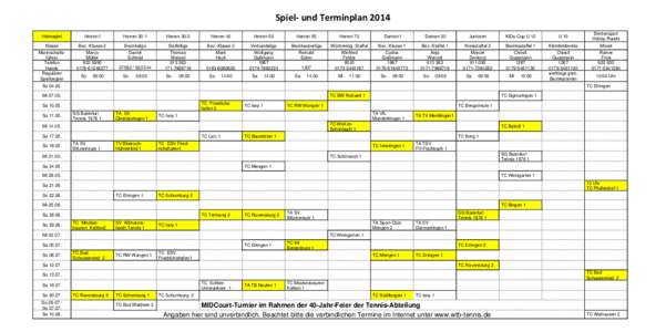 Spiel- und Terminplan 2014 Breitensport Hobby-Runde Heimspiel