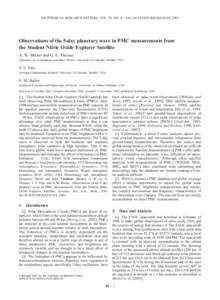 GEOPHYSICAL RESEARCH LETTERS, VOL. 30, NO. 4, 1196, doi:[removed]2002GL016524, 2003  Observations of the 5-day planetary wave in PMC measurements from the Student Nitric Oxide Explorer Satellite A. W. Merkel and G. E. Tho