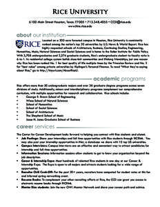 Rice University 6100 Main Street Houston, Texas 77005 •  •  www.hire.rice.edu about our institution Located on a 300-acre forested campus in Houston, Rice University is consistently