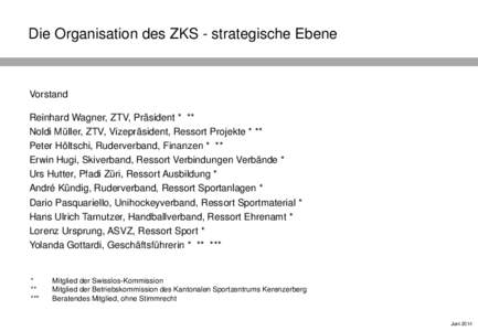 Die Organisation des ZKS - strategische Ebene  Vorstand Reinhard Wagner, ZTV, Präsident * ** Noldi Müller, ZTV, Vizepräsident, Ressort Projekte * **