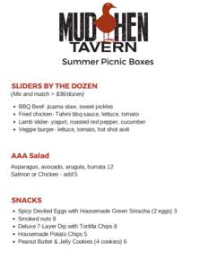 Summer Picnic Boxes SLIDERS BY THE DOZEN (Mix and match = $36/dozen)  BBQ Beef­ jicama slaw, sweet pickles