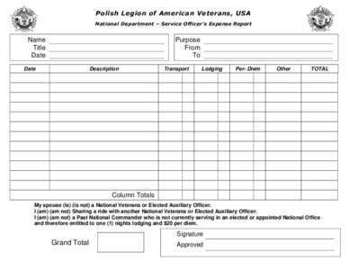 Polish Legion of American Veterans, USA National Department – Service Officer’s Expense Report Name Title Date