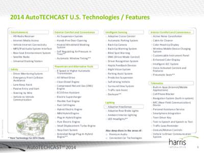 2014 AutoTECHCAST U.S. Technologies / Features Entertainment o HD-Radio Receiver o Internet Media Access o Vehicle Internet Connectivity o MP3/iPod Audio System Interface