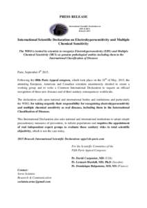 PRESS RELEASE International Scientific Declaration on EHS & MCS BrusselsInternational Scientific Declaration on Electrohypersensitivity and Multiple