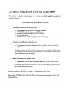 Art Minor - Department of Art and Design-ETSU The minor in studio art consists of a minimum of 21 credit hours in art and art history. Only grades of C or above apply to the minor.  • 	 Foundations requirements - 6 cre