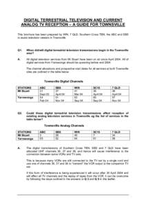 DIGITAL TERRESTRIAL TELEVISION AND CURRENT ANALOG TV RECEPTION – A GUIDE FOR SYDNEY, BRISBANE, MELBOURNE, ADELAIDE AND PERTH