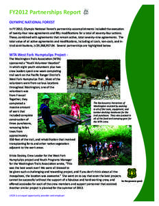 FY2012 Partnerships Report OLYMPIC NATIONAL FOREST In FY 2012, Olympic National Forest’s partnership accomplishments included the execution of twenty-four new agreements and fifty modifications for a total of seventy-f