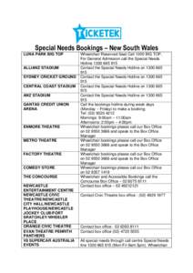 Special Needs Bookings – New South Wales LUNA PARK BIG TOP ALLIANZ STADIUM SYDNEY CRICKET GROUND CENTRAL COAST STADIUM