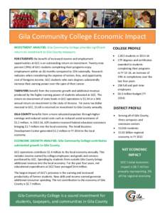 Gila Community College Economic Impact INVESTMENT ANALYSIS: Gila Community College provides significant return on investment to Gila County taxpayers. FOR STUDENTS the benefit of increased income and employment opportuni