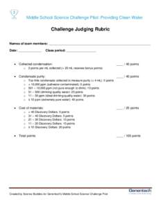 Middle School Science Challenge Pilot: Providing Clean Water  Challenge Judging Rubric Names of team members: __________________________________________________________ Date: _____________