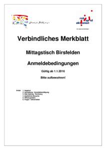 Ein Verein der GGG Basel  Verbindliches Merkblatt Mittagstisch Birsfelden Anmeldebedingungen Gültig ab