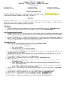 EUREKA COUNTY FAIR BOARD PO Box[removed]Eureka, NV[removed]Telephone: [removed]removed] Lynn Conley, Chair Amy Damele, Vice Chair