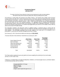 Investment Report January 2014 The mission of the Illinois Finance Authority is to foster economic development to public and private institutions that create and retain jobs and improve the quality of life in Illinois by