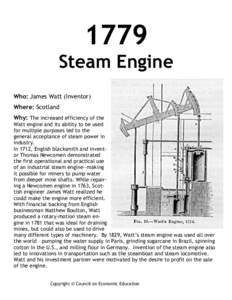 1779 Steam Engine Who: James Watt (Inventor) Where: Scotland Why: The increased efficiency of the Watt engine and its ability to be used
