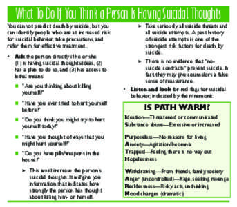 What To Do If You Think a Person Is Having Suicidal Thoughts You cannot predict death by suicide, but you can identify people who are at increased risk for suicidal behavior, take precautions, and refer them for effectiv