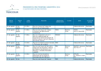 PRESIDENCIA PRO TEMPORE ARGENTINA 2014 CALENDARIO DE REUNIONES FECHA INICIO