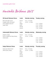 australian girls choir  timetable Brisbane 2015 Mt Gravatt Rehearsal Venue	  Levels