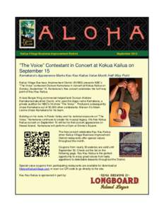 Kailua Village Business Improvement District  September 2013 “The Voice” Contestant in Concert at Kokua Kailua on September 15