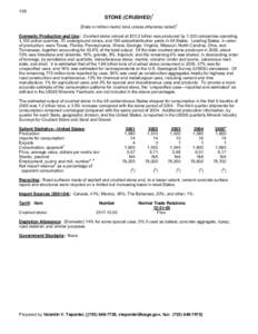 158  STONE (CRUSHED)1 (Data in million metric tons unless otherwise noted)2 Domestic Production and Use: Crushed stone valued at $10.2 billion was produced by 1,300 companies operating 3,100 active quarries, 70 undergrou