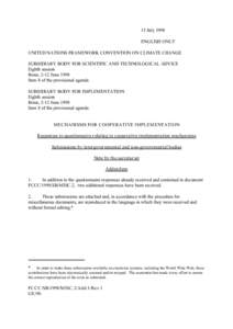 15 July 1998 ENGLISH ONLY UNITED NATIONS FRAMEWORK CONVENTION ON CLIMATE CHANGE SUBSIDIARY BODY FOR SCIENTIFIC AND TECHNOLOGICAL ADVICE Eighth session Bonn, 2-12 June 1998