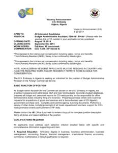 Vacancy Announcement U.S. Embassy Algiers, Algeria Vacancy Announcement (VA) # [removed]OPEN TO:
