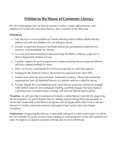 Petition to the House of Commons : Literacy