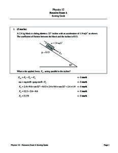 Physics 12 Resource Exam A Scoring Guide[removed]marks) A 2.4 kg block is sliding down a 32° incline with an acceleration of 1.9 m s 2 as shown.