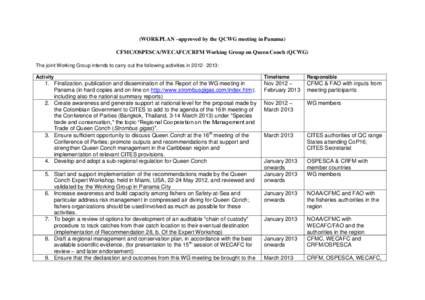 (WORKPLAN –approved by the QCWG meeting in Panama) CFMC/OSPESCA/WECAFC/CRFM Working Group on Queen Conch (QCWG) The joint Working Group intends to carry out the following activities in[removed]: Activity  1. Finaliza