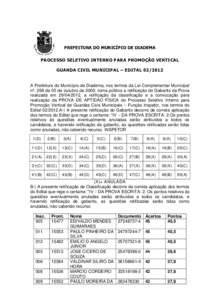 PREFEITURA DO MUNICÍPIO DE DIADEMA PROCESSO SELETIVO INTERNO PARA PROMOÇÃO VERTICAL GUARDA CIVIL MUNICIPAL – EDITALA Prefeitura do Município de Diadema, nos termos da Lei Complementar Municipal nº. 298 de