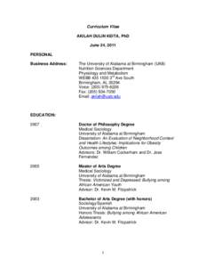 Curriculum Vitae AKILAH DULIN KEITA, PhD June 24, 2011 PERSONAL Business Address: