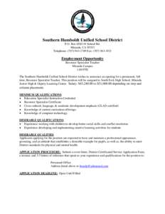 Southern Humboldt Unified School District P.O. BoxSchool Rd. Miranda, CATelephone: (Fax: (Employment Opportunity