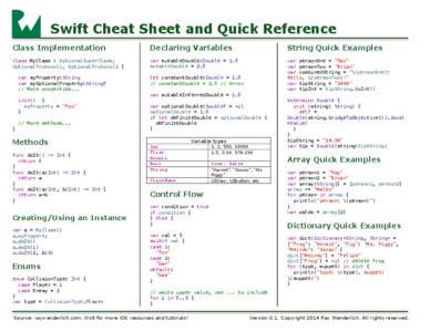 Swift Cheat Sheet and Quick Reference Class Implementation Declaring Variables  	
  