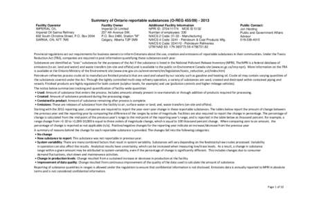 Summary of Ontario reportable substances (O-REG[removed]Facility Operator IMPERIAL OIL Imperial Oil Sarnia Refinery 602 South Christina Street, P.O. Box 3004 SARNIA, ON, N7T 7M5