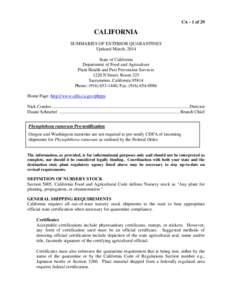 CA - 1 of 29  CALIFORNIA SUMMARIES OF EXTERIOR QUARANTINES Updated March, 2014 State of California