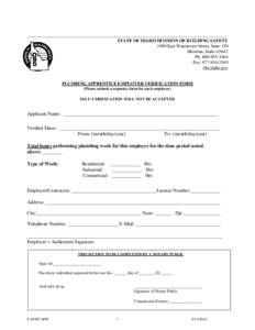 ______________________________________________________________________________________ STATE OF IDAHO DIVISION OF BUILDING SAFETY 1090 East Watertower Street, Suite 150 Meridian, Idaho[removed]Ph: [removed]Fax: [removed]