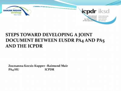 STEPS TOWARD DEVELOPING A JOINT DOCUMENT BETWEEN EUSDR PA4 AND PA5 AND THE ICPDR Zsuzsanna Kocsis-Kupper –Raimund Mair PA4 HU