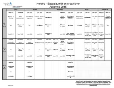 Horaire - Baccalauréat en urbanisme Automne 2015 LUNDI 9h à