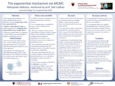 The	
  exponenEal	
  mechanism	
  via	
  MCMC	
   Aleksandar	
  Makelov,	
  mentored	
  by	
  prof.	
  Salil	
  Vadhan	
   Harvard	
  College	
  ’15,	
  supported	
  by	
  HCRP	
   Mo#va#on	
    Mark