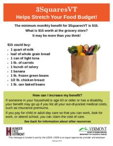 3SquaresVT Helps Stretch Your Food Budget! The minimum monthly benefit for 3SquaresVT is $15. What is $15 worth at the grocery store? It may be more than you think! $15 could buy: