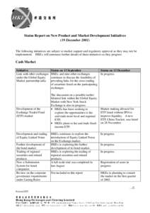 Status Report on New Product and Market Development Initiatives (19 December[removed]The following initiatives are subject to market support and regulatory approval so they may not be implemented. HKEx will announce furthe