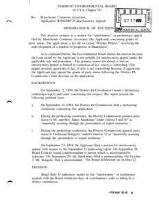 VERMONT ENVIRONMENTAL BOARD 10 V.S.A. Chapter 151 Re: Manchester Commons Associates, Application #8B0500-EB (Interlocutory Appeal)